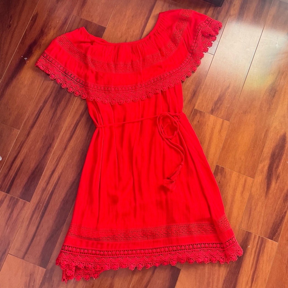 One The Land Off The Shoulder Red Lace Tie Waist Dress - Picture 5 of 7